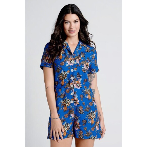 Modcloth "Summer Camp Solstice" Blue Floral Button Front Romper Size 4 NWT!!! - Picture 1 of 5